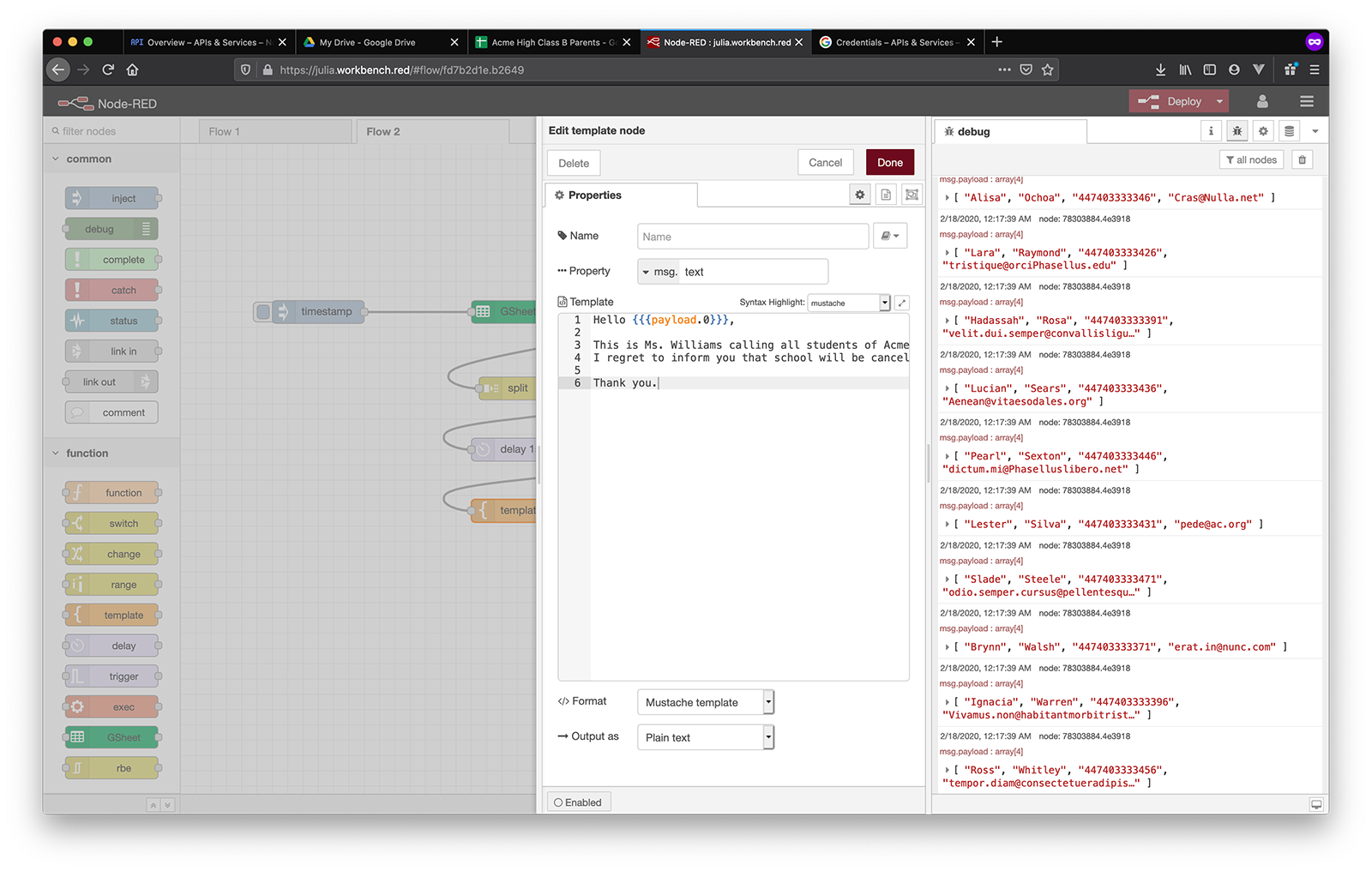 google sheets sms template node