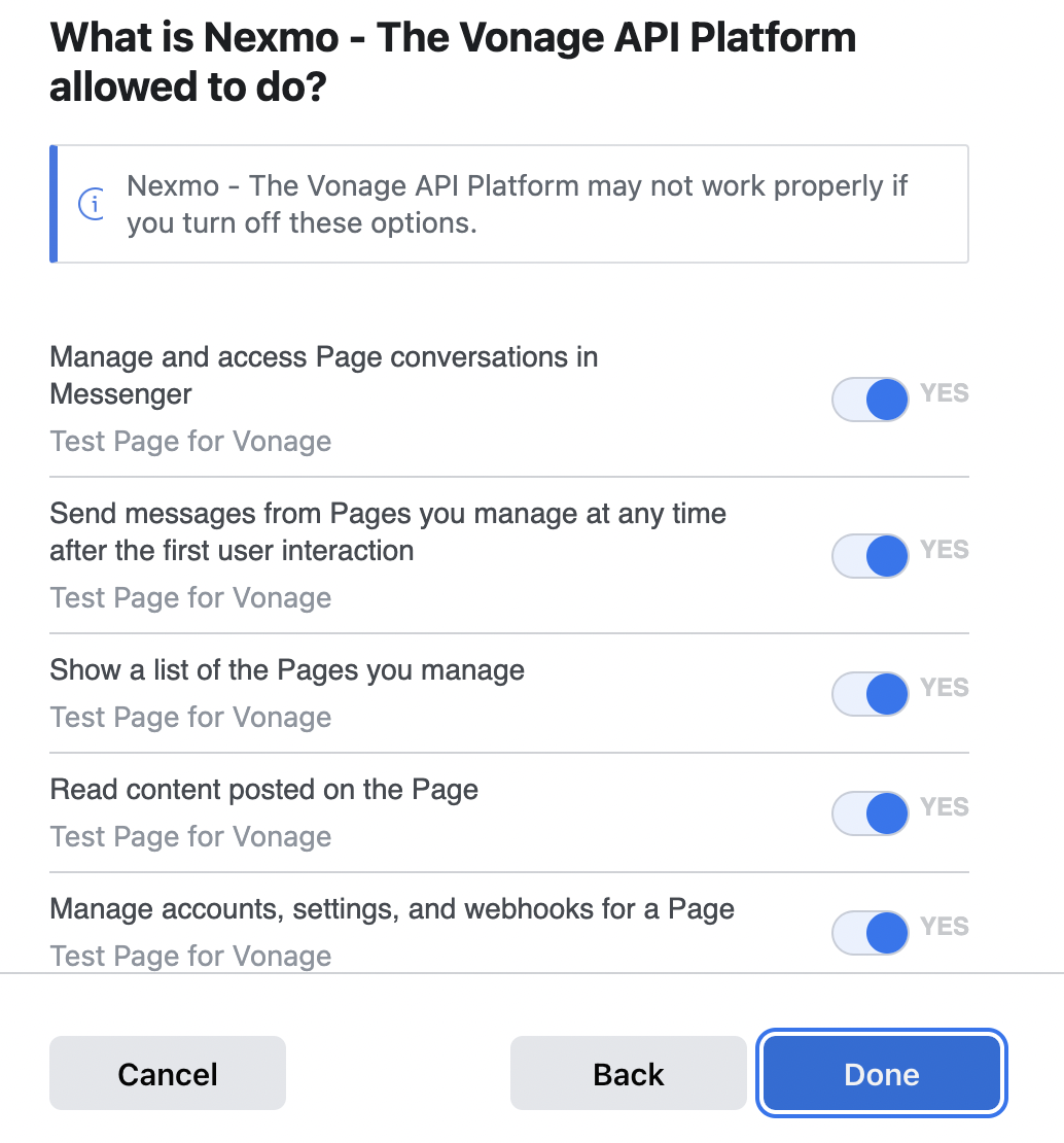 Screen shot of the list of permissions that can be granted to Vonage