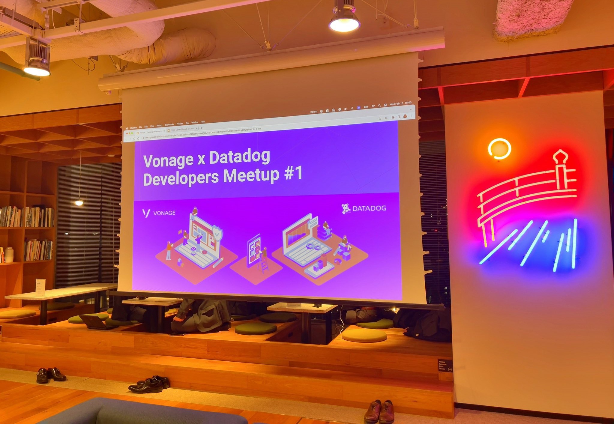 A screen with a title slide of Vonage Datadog developers meetup