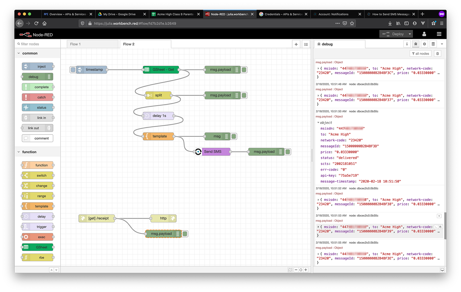google sheets sms event webhook