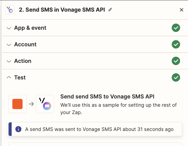 Alert message for a successful test SMS was sent