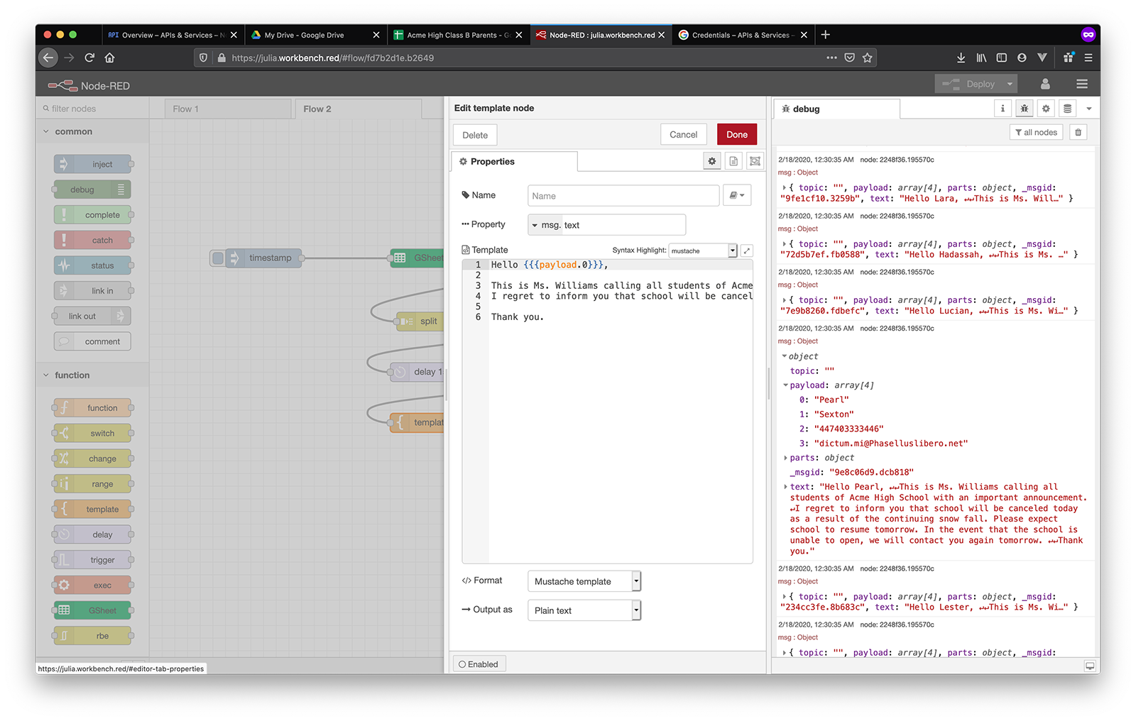 google sheets templated sms in debug
