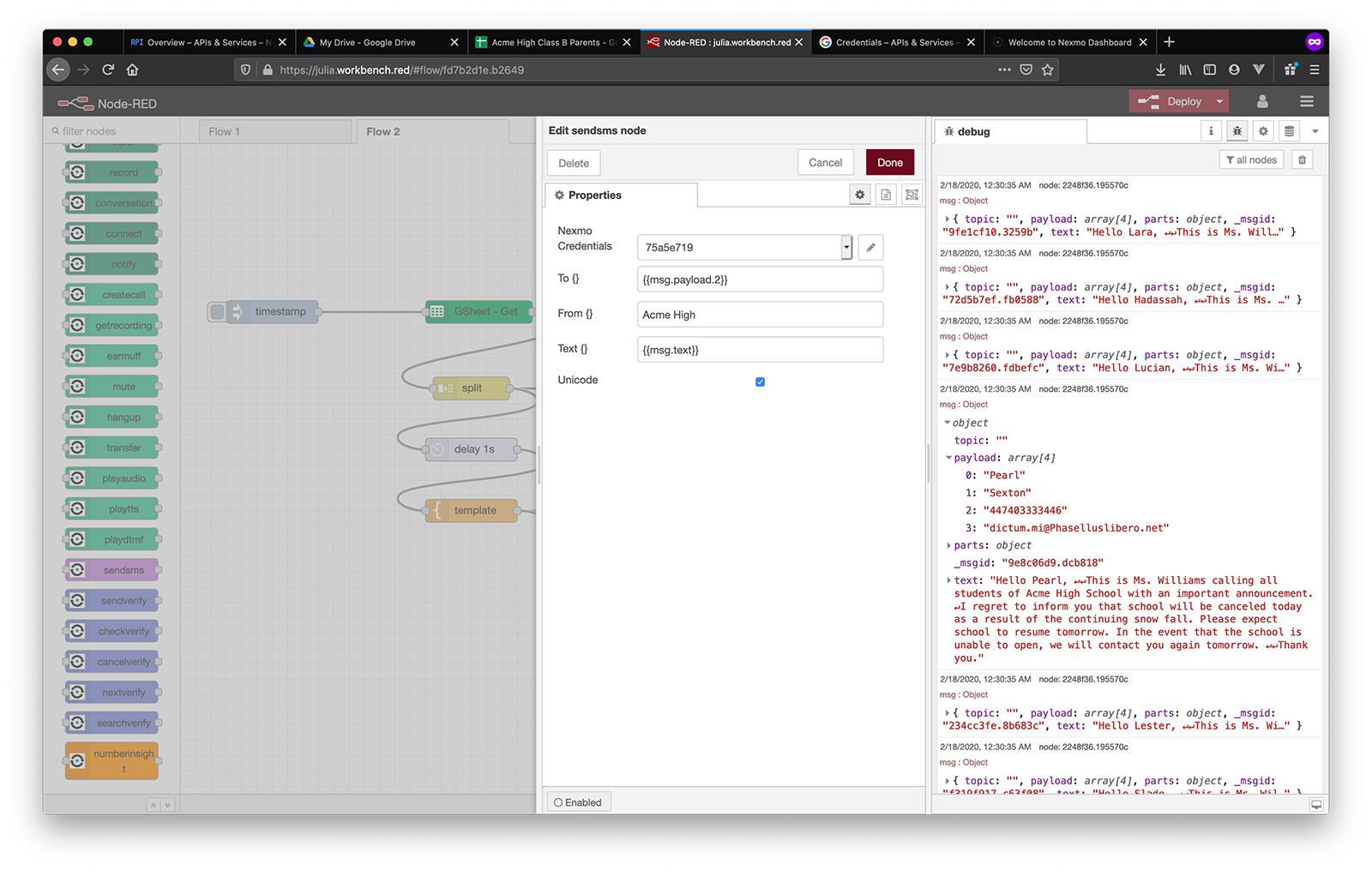 google sheets send sms node setup
