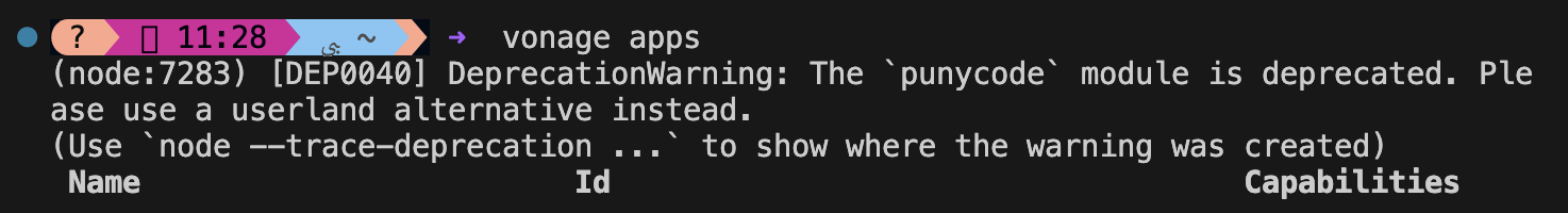The image (apps.png) depicts an attempt to display Vonage applications, but it only shows the column headers Name and Id without any entries. A deprecation warning for the punycode module is repeated here as well.