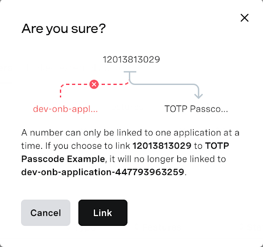Screenshot showing confirmation of linking number to application