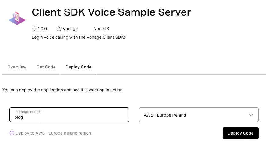 Client SDK Voice Sample Server "Deploy Code" page