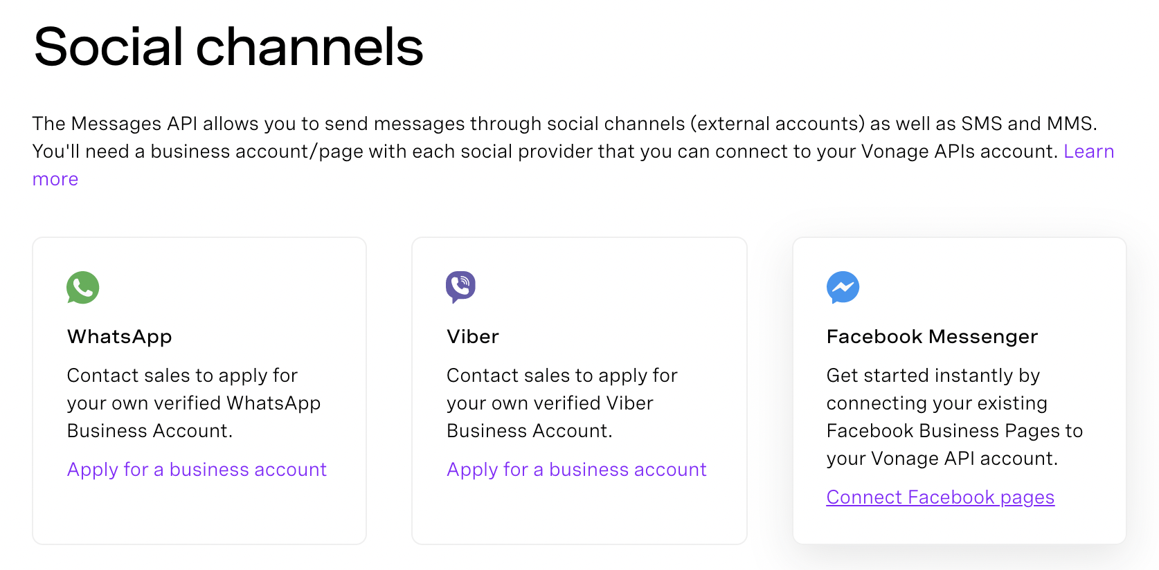 Screen shot showing the options in the Social channels section of the Vonage Dashboard, WhatsApp, Viber, and Facebook Messenger