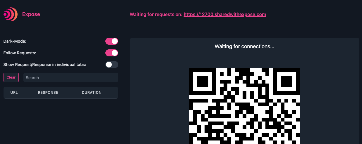 Screenshot of the Expose GUI waiting for connections