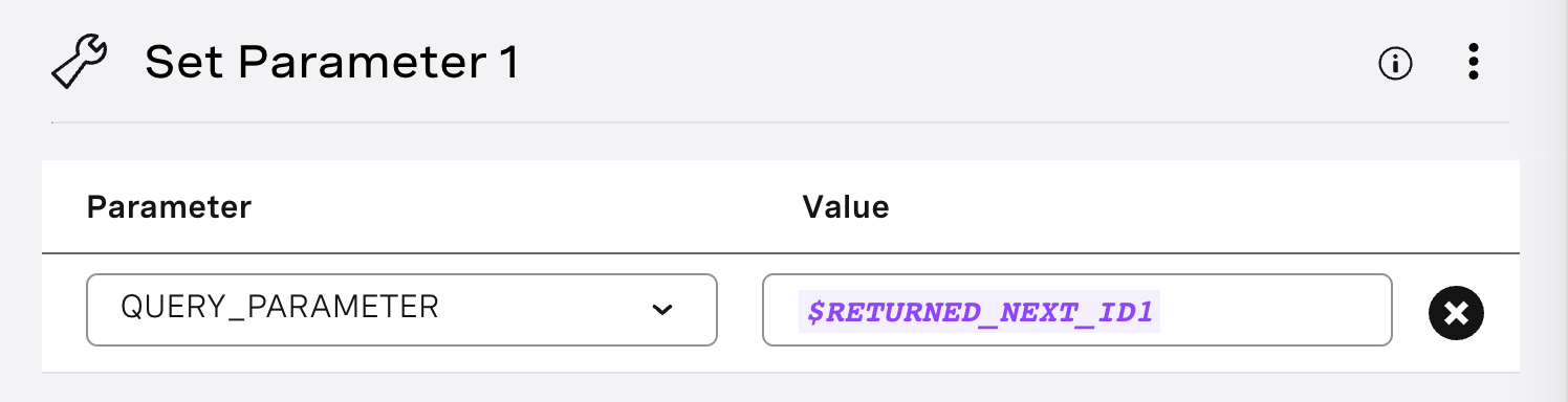 The image displays a user interface for a "Set Parameter 1" configuration. There are two fields: one labeled "Parameter," with "QUERY_PARAMETER" selected from a dropdown menu, and another labeled "Value," containing the placeholder "$RETURNED_NEXT_ID1." This setup indicates that the system is configured to assign the value from "$RETURNED_NEXT_ID1" to the "QUERY_PARAMETER." This is typically part of a workflow where the value of a parameter is dynamically set based on a previous action or input.
