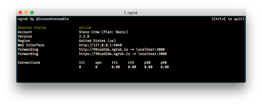 Screenshot of ngrok running in terminal with forwarding address http://99cad2de.ngrok.io