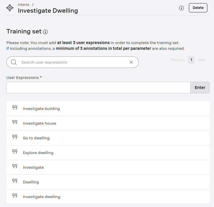 A screenshot showing an example of an AI Studio Intent, showing the name of the Intent 'Investigate Dwelling' and various User Expressions that make up the intent such as 'Investigate building', 'Investigate house', 'Explore dwelling', etc.