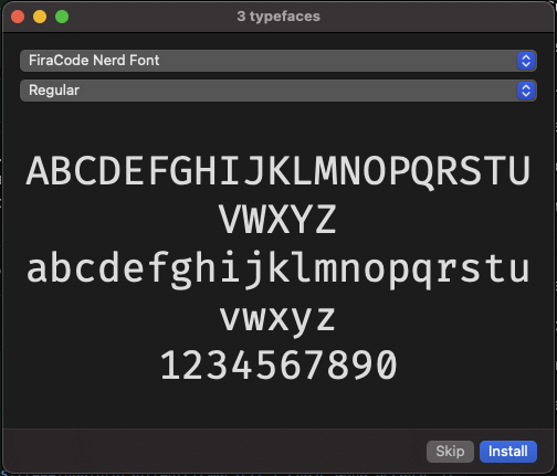 This image displays a window from the macOS font book titled 3 typefaces showing FiraCode Nerd Font as a dropdown option.