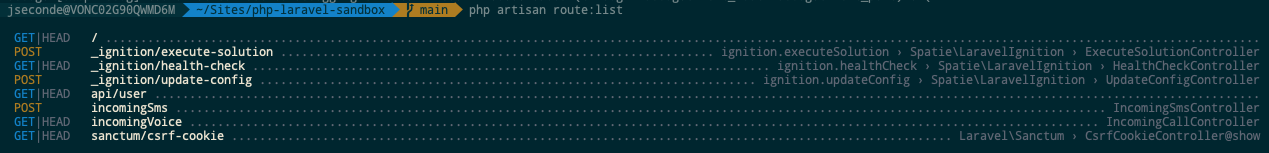Screenshot of the new route list output from Laravel's console