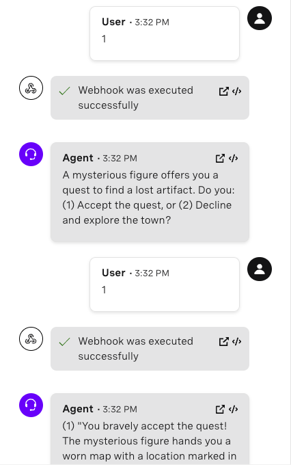 This image shows a continuation of the text-based role-playing game in a chat interface, where the game's agent presents a new scenario to the player. The player is faced with a decision: a mysterious figure has offered a quest to find a lost artifact. The agent asks whether the player wants to (1) accept the quest or (2) decline and explore the town. The player chooses option "1" to accept the quest. In response, the agent congratulates the player for bravely accepting the quest and mentions that the mysterious figure hands the player a worn map with a location marked in red, presumably indicating where the quest will lead.