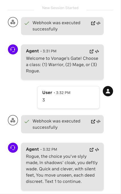 This is a screenshot of a text-based role-playing game being played through a chat interface. The game is presumably named "Vonage's Gate." The player is being welcomed by the game's agent and is prompted to choose a class out of Warrior, Mage, or Rogue. The player chooses the option "3" which corresponds to the Rogue class. The agent acknowledges the choice with a poetic description of the Rogue class, highlighting stealth and cunning as their attributes, and instructs the player to send the message "Text 1" to continue the game.
