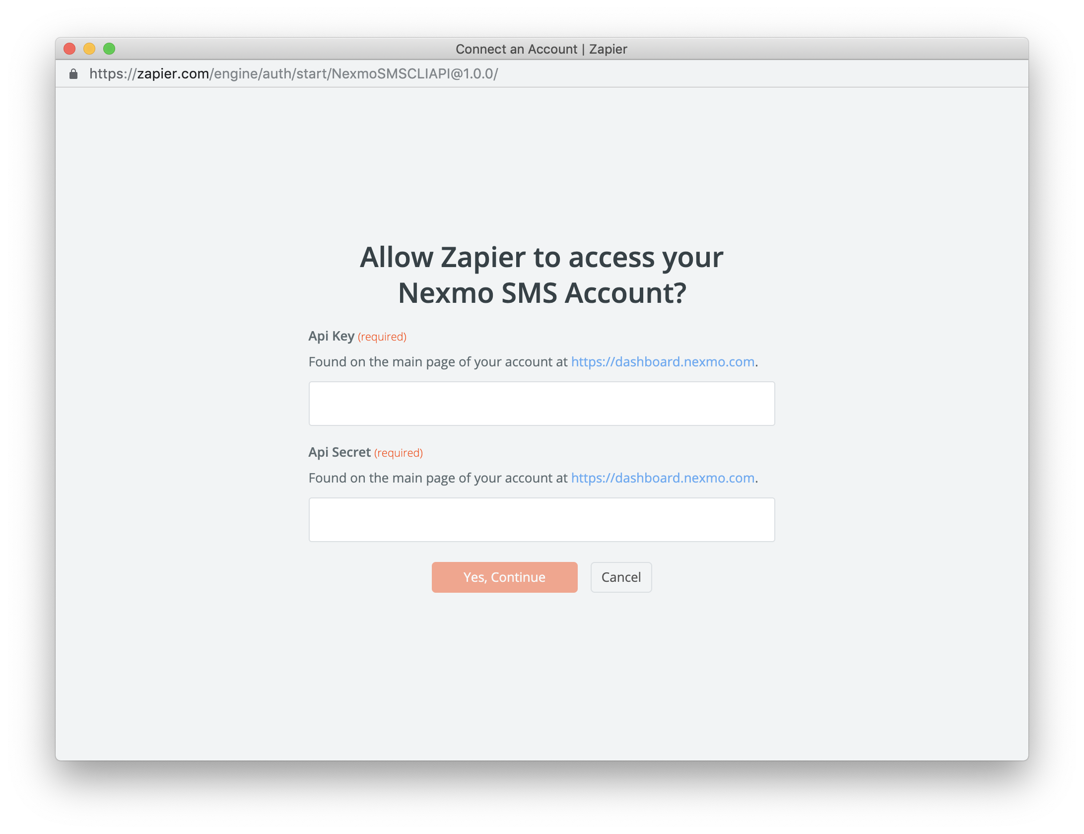 Add Nexmo account prompt