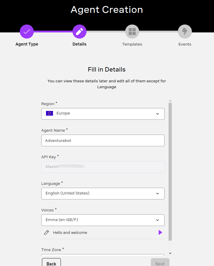 A screenshot of the Agent setup step in Vonage AI Studio showing the selection options: Region, Agent Name, Language, Voices, Time Zone