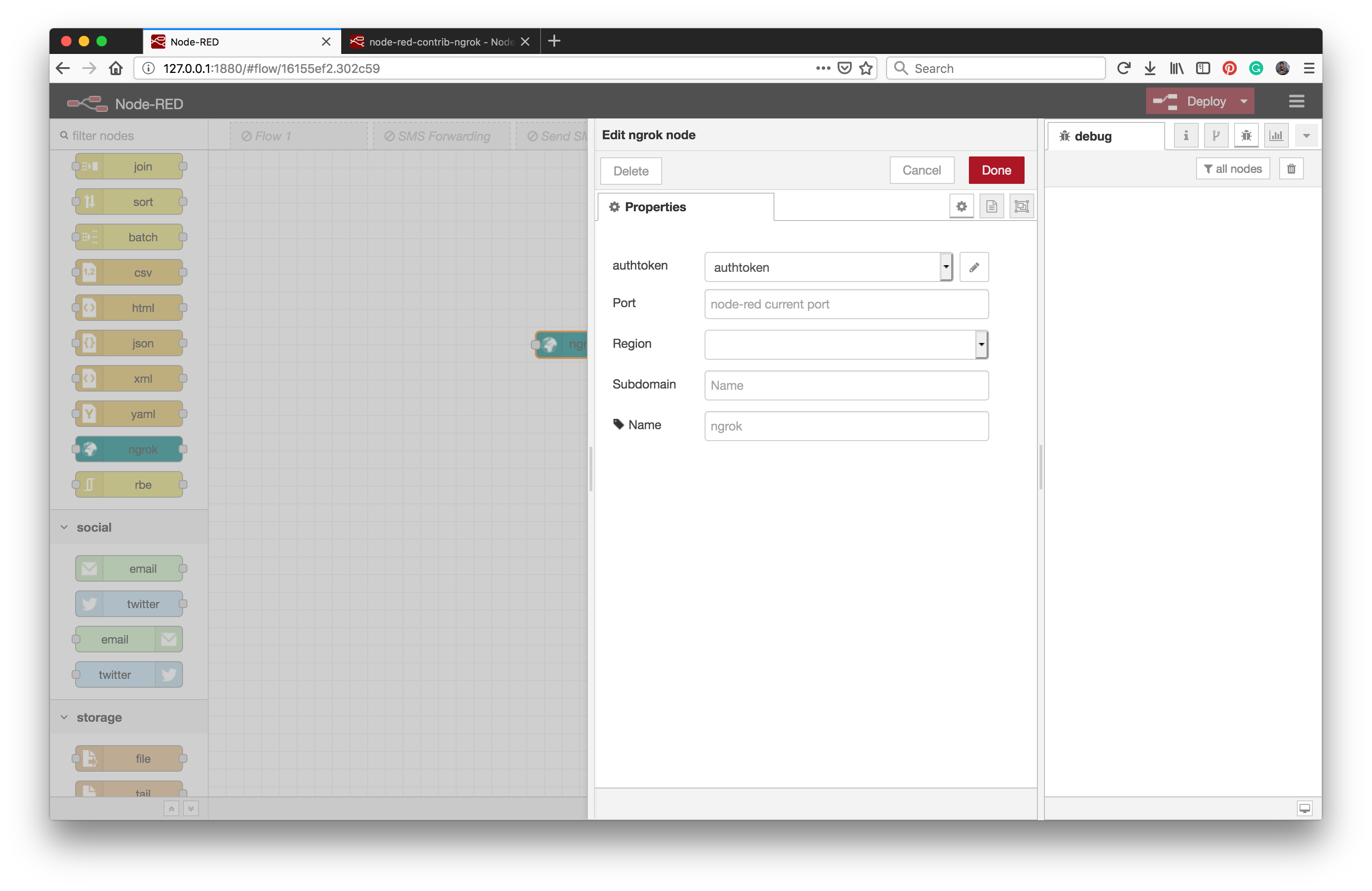 An image of NodeRed showing how to set various properties for Ngrok