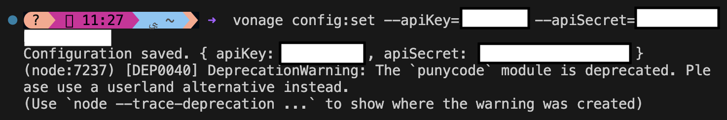 The image shows the successful configuration of the Vonage CLI with an API key and secret. The output message Configuration saved confirms the action, and a deprecation warning for a module is also shown.