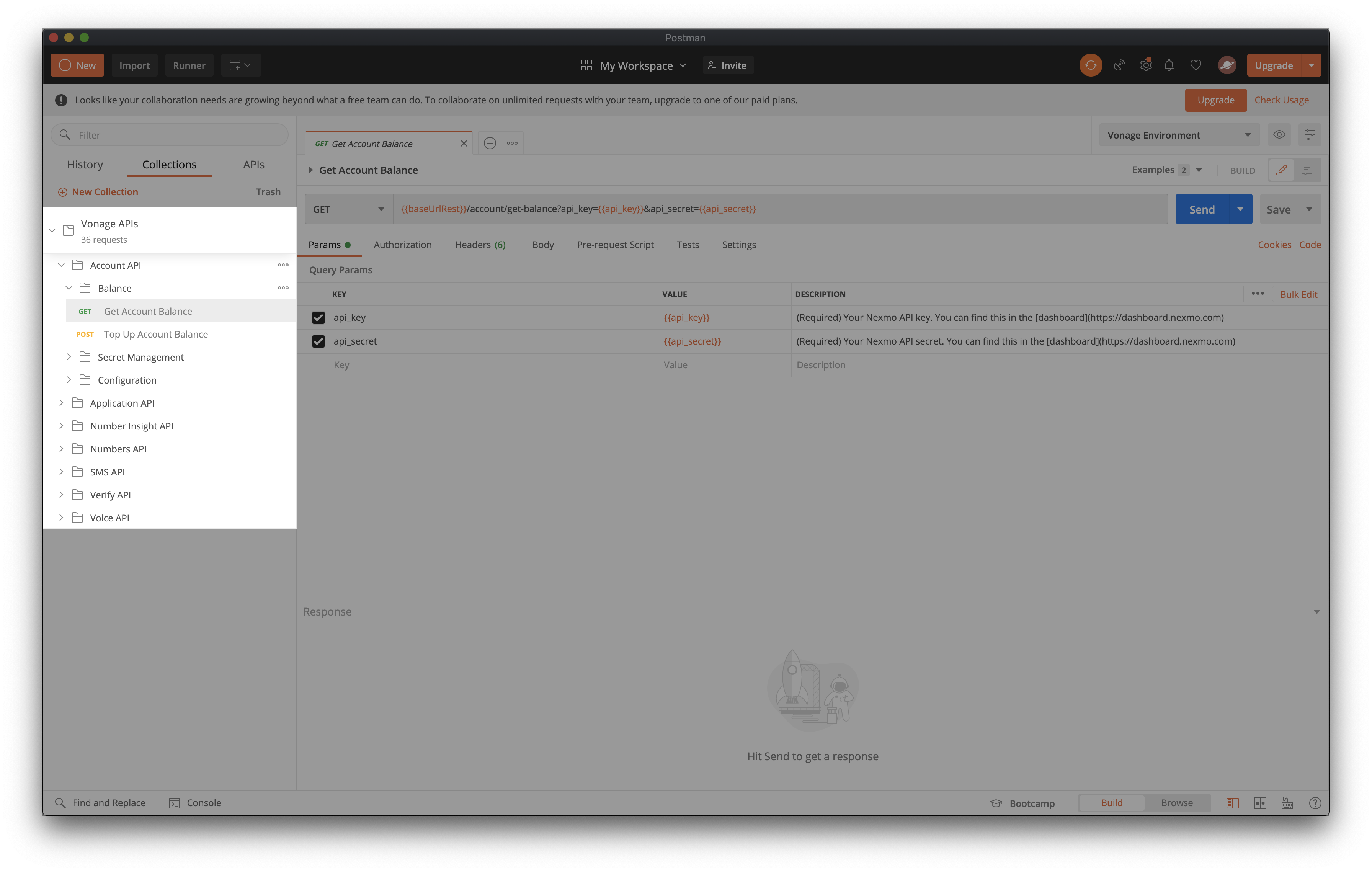 Image of Vonage APIs Collection folder in Postman