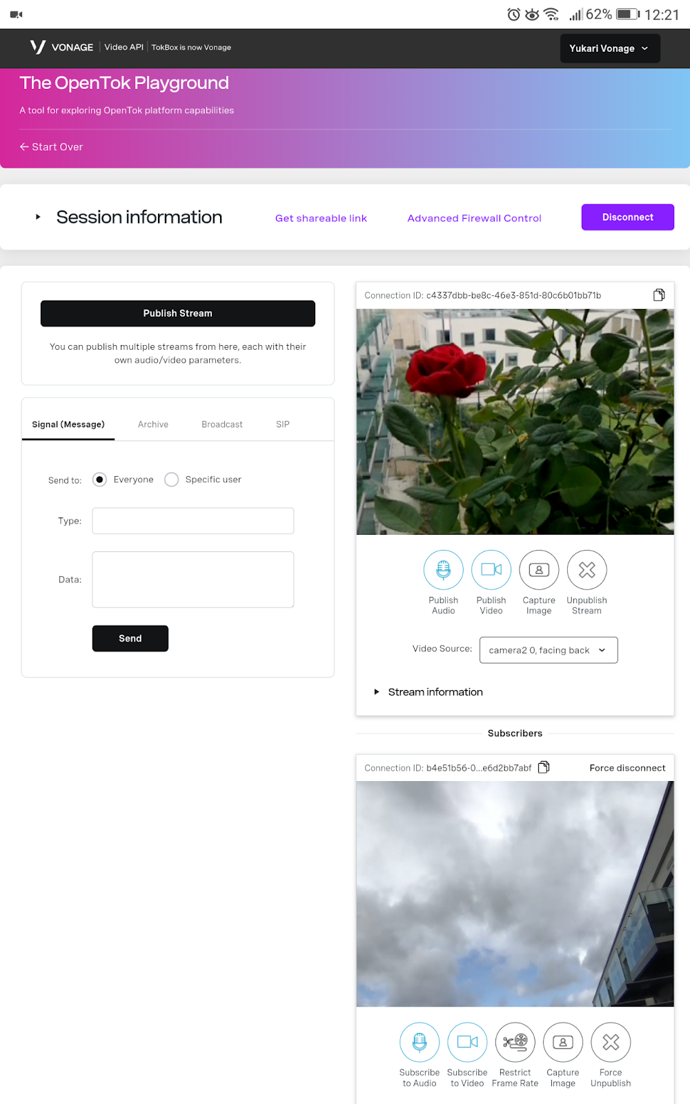 The user interface for the Playground page with 2 publishers screens