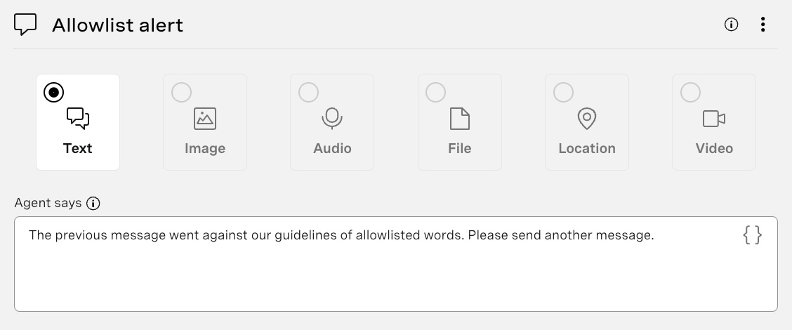 A send message node called "Allowlist alert". The agent should say The previous message went against our guidelines of allowlisted words. Please send another message.
