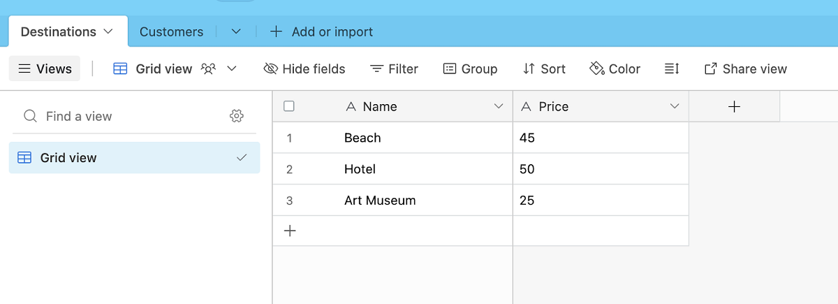 Destinations table with fields Name and Price