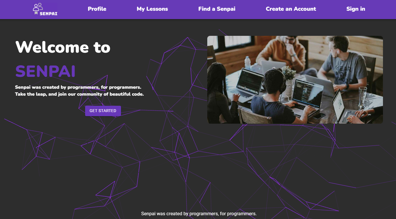 Home page of the Senpai, e-learning web application 