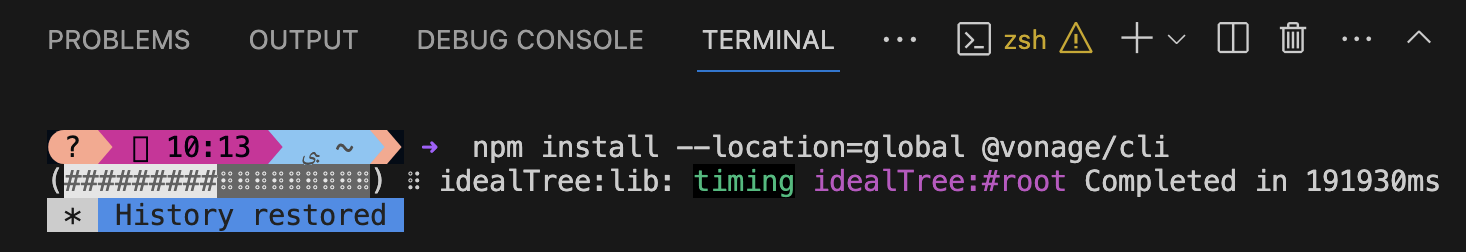 The image shows the output of a package installation using npm. The terminal prompt displays the current time in purple and pink, a peach-colored location indicator, and a command running with the output message Completed in 191930ms highlighted in cyan.