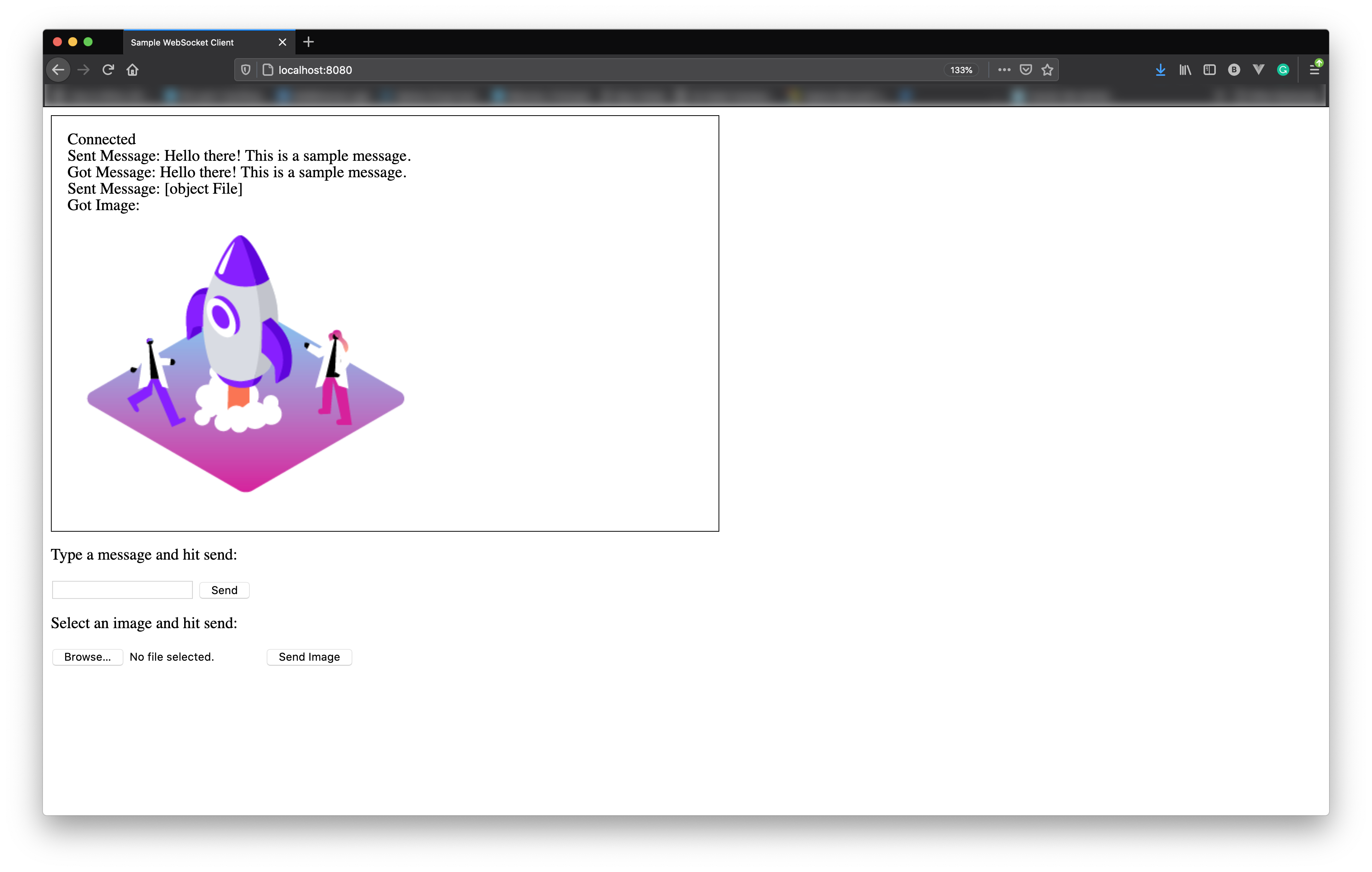 Sample JavaScript-enabled client showing a text and binary message echoed back.