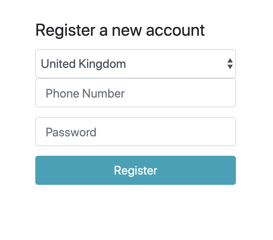 Registration page with country code for use with the phone number