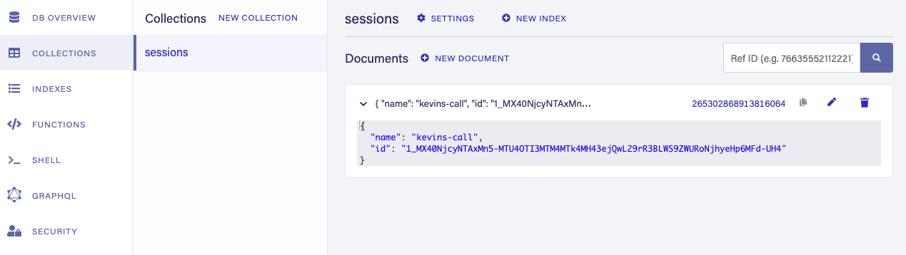 Showing a new entry in the FaunaDB Console