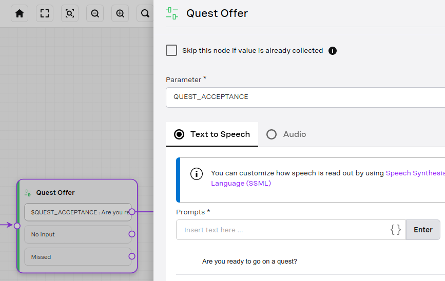 A screenshot showing an example of the AI Studio Collect Input node, showing Parameter field with 'QUEST_ACCEPTANCE' set as the parameter name, and the Prompts field with 'Are you ready to go on a quest?' set as the prompt text.