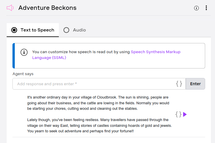 A screenshot showing an example of the AI Studio Speak node, showing the 'Text to Speech' tab with some text from the conversational flow.