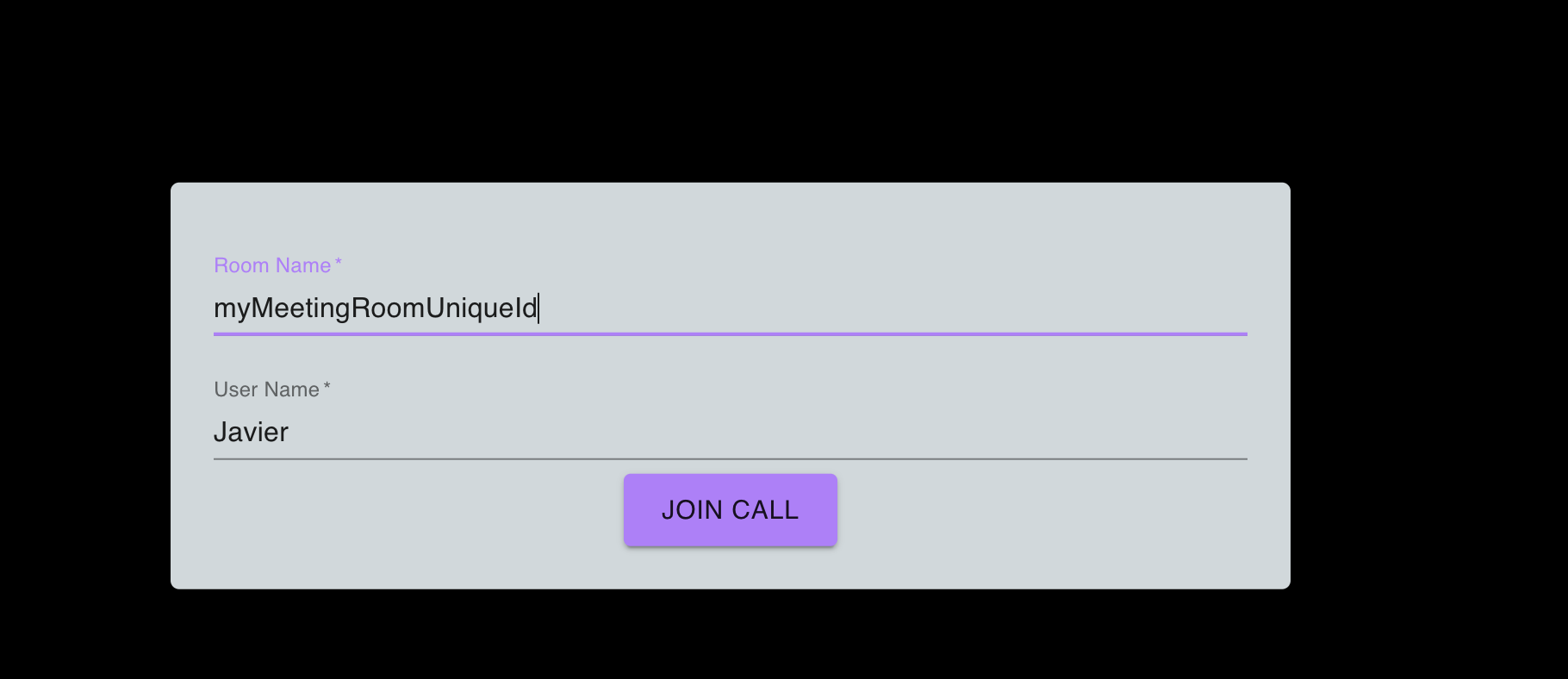 Waiting Room UI requesting username and room name