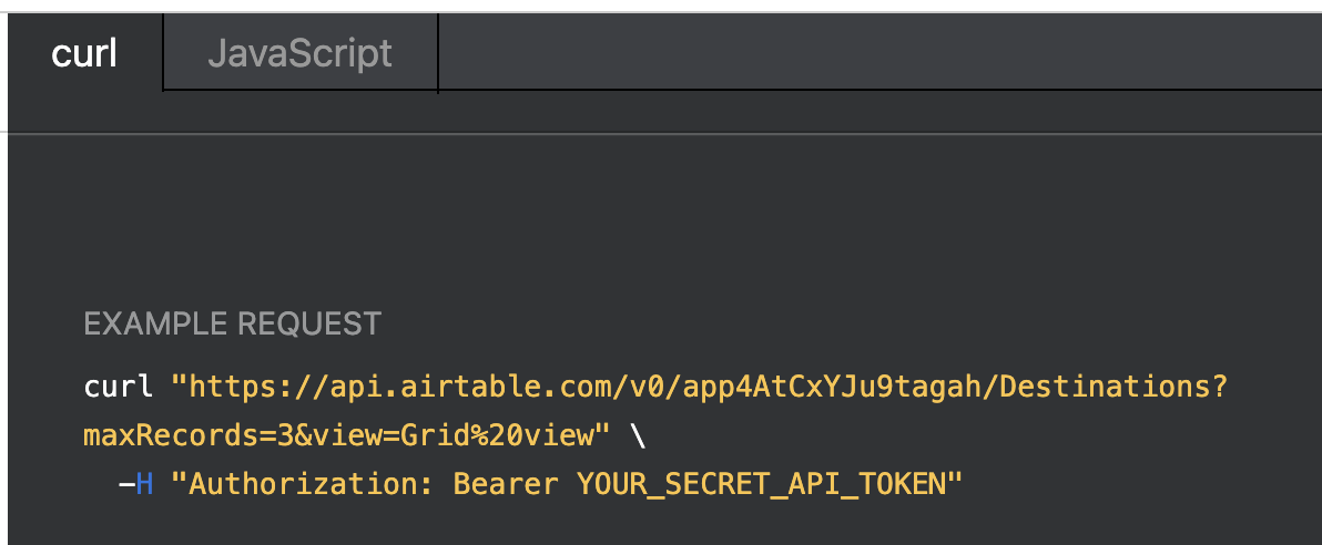 Example of CURL request to Airtable API