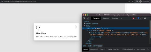 A web browser with a modal dialog open. To the side the chrome dev tools are open showing the HTML we expected