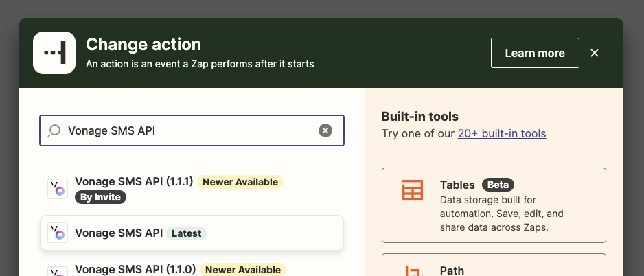 Search for Vonage SMS API in Zapier Workflow Builder