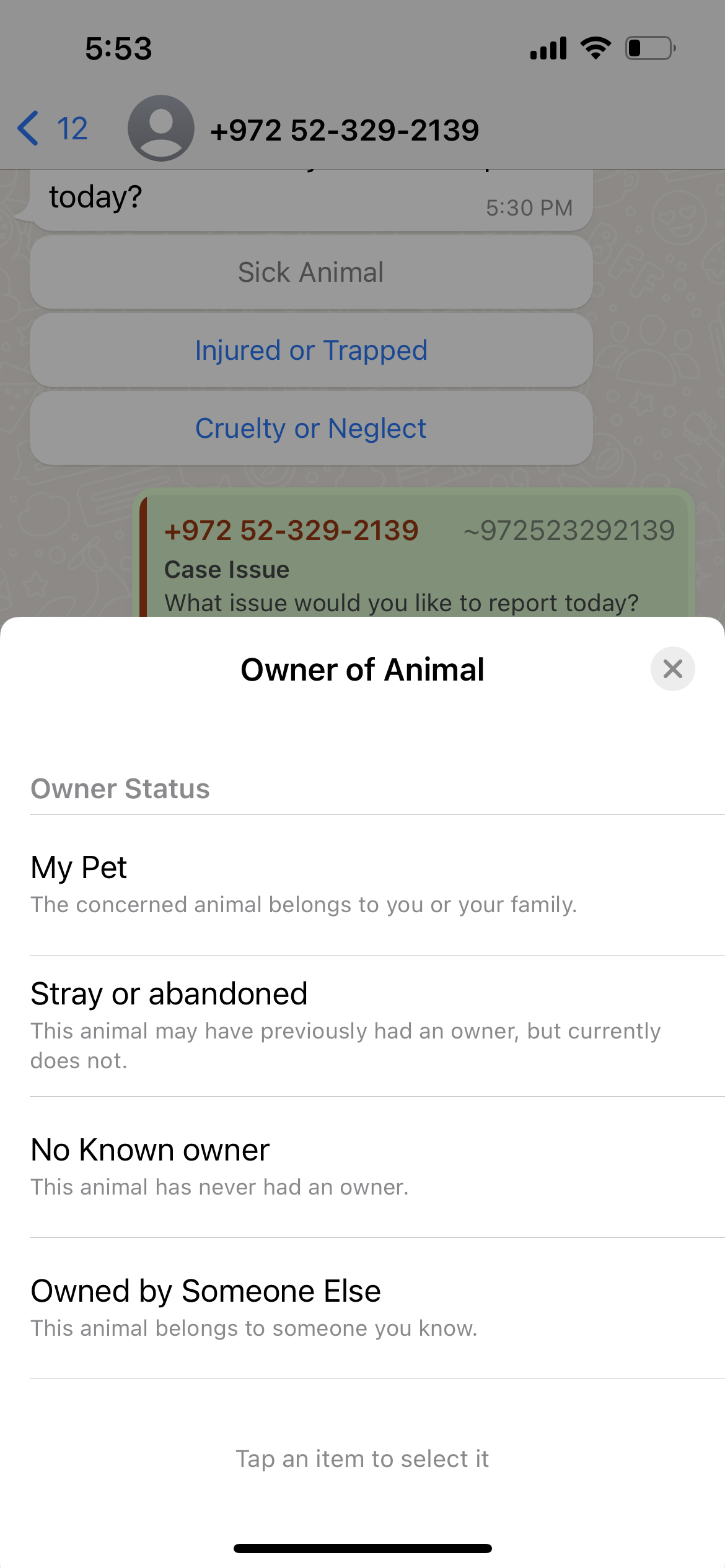 Screenshot of a WhatsApp conversations showing a List Message Button. The list category is 'Owner of Animal' with the list options 'My Pet', 'Stray or Abandoned', 'No Known Owner', and 'Owned by Someone Else'