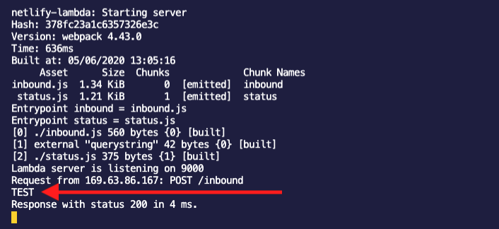 Message logged in terminal
