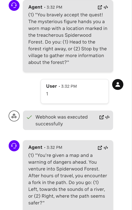 This image shows the next part of the text-based role-playing game. The game's agent gives the player a choice after they have accepted the quest to venture into the Spiderwood Forest. The player must decide whether to (1) head to the forest right away or (2) stop by the village to gather more information about the forest. The player chooses option "1" to head to the forest right away.  Following this decision, the agent describes the journey into the Spiderwood Forest, indicating that the player has been given a map and warned of dangers ahead. After hours of travel, the player reaches a fork in the path and must choose again: go (1) left, towards the sounds of a river, or (2) right, where the path seems safer. The player's choice at this point is not shown in the image.