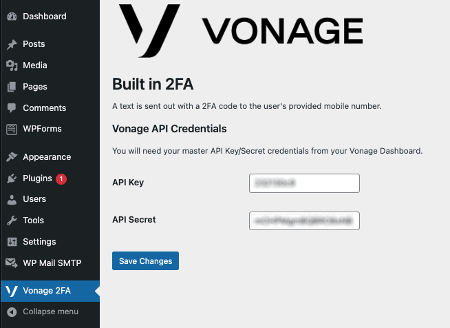 Screenshot of the Vonage 2FA Plugin settings page