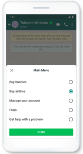 Mock-up of a WhatsApp List Message, displaying five account management options