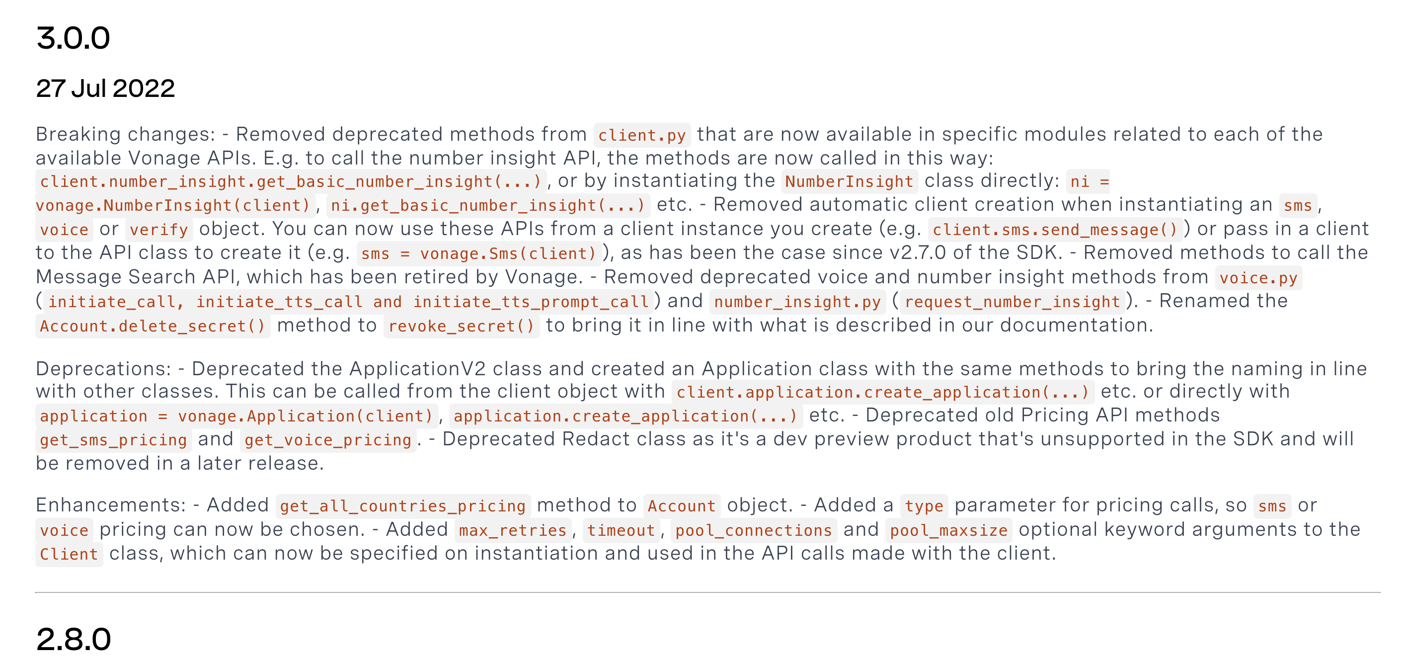 Changelog describing the major release that removed old deprecated methods, including the old version of get_standard_number_insight
