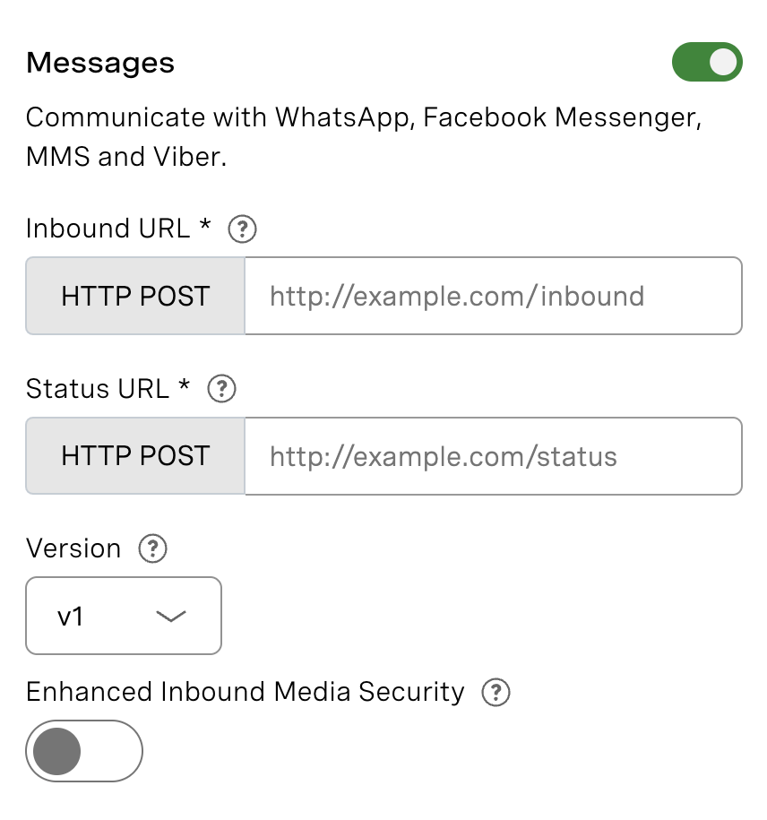 Setting webhook URLs to receive inbound messages.