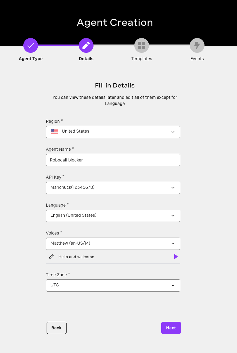 the agent details forms with the fields to configure the application