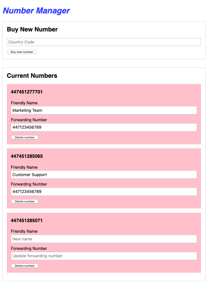 The final application screenshot, showing a pool of phone numbers and management options including update and delete