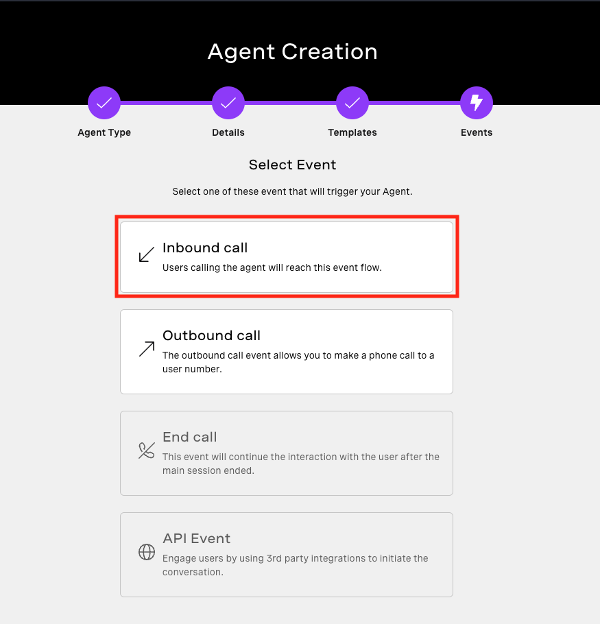 the agent event selection screen with various event types to choose from. highlighted is the inbound call event
