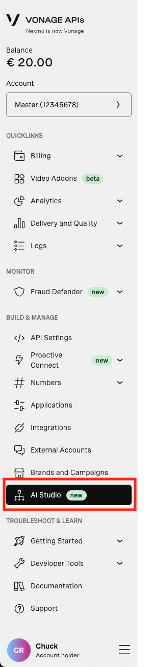 The left-hand navigation in the Vonage developer dashboard. It contains various links to help with your Vonage application. The link for AI studio is highlighted 