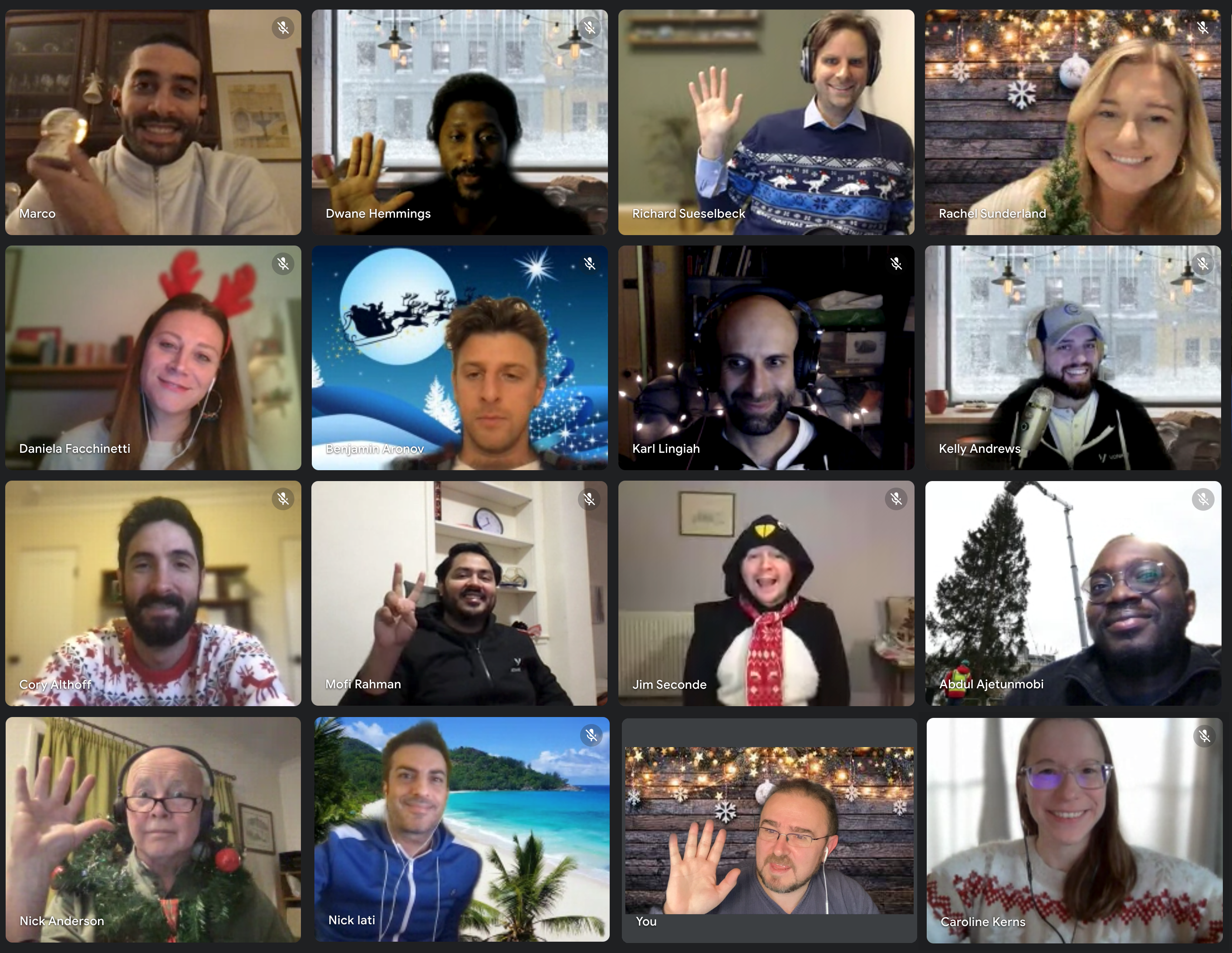 Grid image of Vonage DevRel team members wearing Holiday outfits and waving into the camera